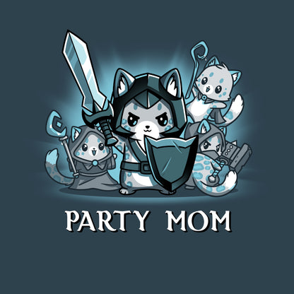Illustration of four armored, warrior-like anthropomorphic animals with weapons and shields. Text below reads "PARTY MOM" in Denim Blue, making it the perfect Party Mom T-shirt from monsterdigital made from super soft ringspun cotton.