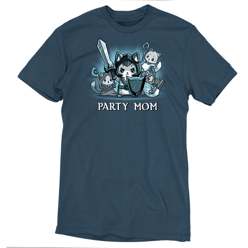 Denim Blue super soft ringspun cotton t-shirt featuring an illustration of a cat in a knight's outfit holding a shield and sword, surrounded by two kittens. Text below the illustration reads "PARTY MOM." Perfect for any occasion, this monsterdigital Party Mom T-shirt combines comfort with a fun design.