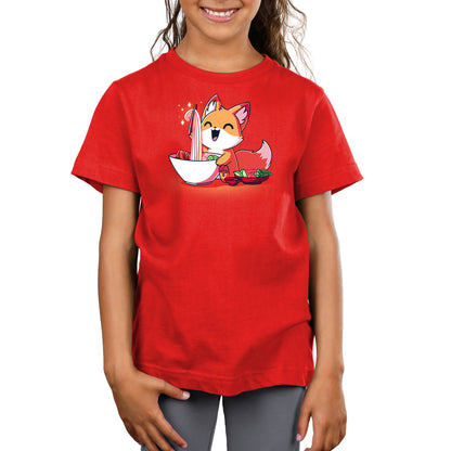 Premium Cotton T-shirt_TeeTurtle red Pho Fox. Featuring a fox eating a bowl of pho.