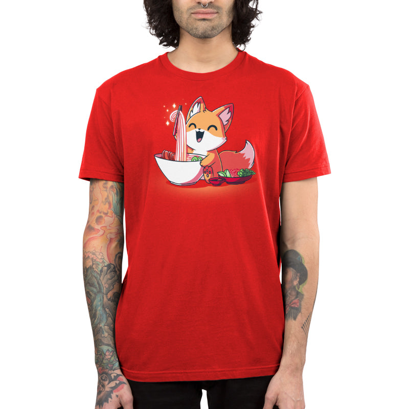 Premium Cotton T-shirt_TeeTurtle Pho Fox red t-shirt featuring a happy fox eating a bowl of pho noodles. 