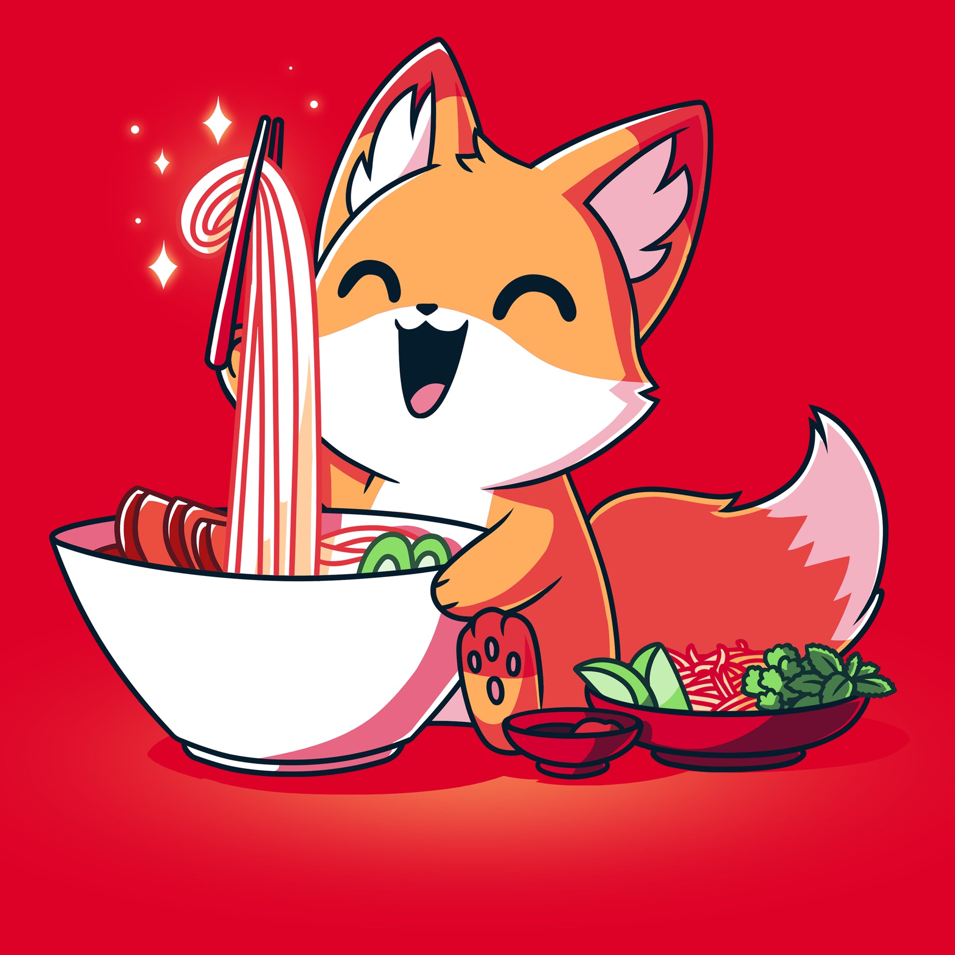 Premium Cotton T-shirt_TeeTurtle red Pho Fox. Featuring a fox eating a bowl of pho.