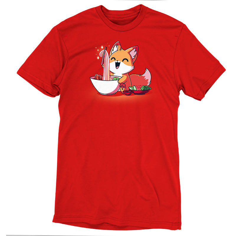 Premium Cotton T-shirt_TeeTurtle red Pho Fox. Featuring a fox eating a bowl of pho.