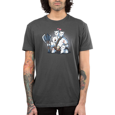 Premium Cotton T-shirt_TeeTurtle charcoal gray Polar Protector apparel featuring a scarred parent polar bear in a primal warrior outfit holding a large axe with happy polar bear cubs climbing over him.