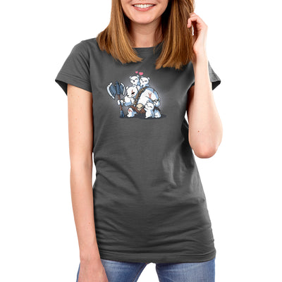Premium Cotton T-shirt_TeeTurtle charcoal gray Polar Protector apparel featuring a scarred parent polar bear in a primal warrior outfit holding a large axe with happy polar bear cubs climbing over him.