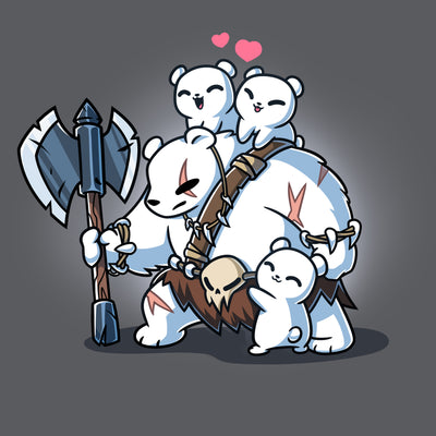 Premium Cotton T-shirt_TeeTurtle charcoal gray Polar Protector apparel featuring a scarred parent polar bear in a primal warrior outfit holding a large axe with happy polar bear cubs climbing over him.