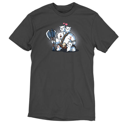 Premium Cotton T-shirt_TeeTurtle charcoal gray Polar Protector apparel featuring a scarred parent polar bear in a primal warrior outfit holding a large axe with happy polar bear cubs climbing over him.