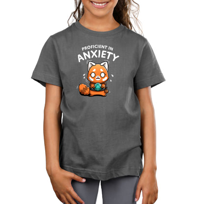 Premium Cotton T-shirt_TeeTurtle charcoal gray Proficient in Anxiety apparel featuring an anxious red panda adventurer holding a D20 that’s roll