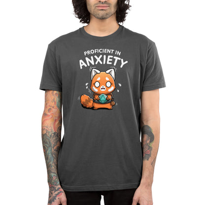 Premium Cotton T-shirt_TeeTurtle charcoal gray Proficient in Anxiety apparel featuring an anxious red panda adventurer holding a D20 that’s roll