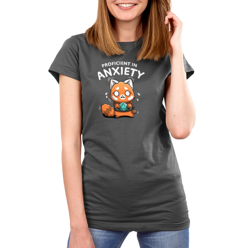 Premium Cotton T-shirt_TeeTurtle charcoal gray Proficient in Anxiety apparel featuring an anxious red panda adventurer holding a D20 that’s roll