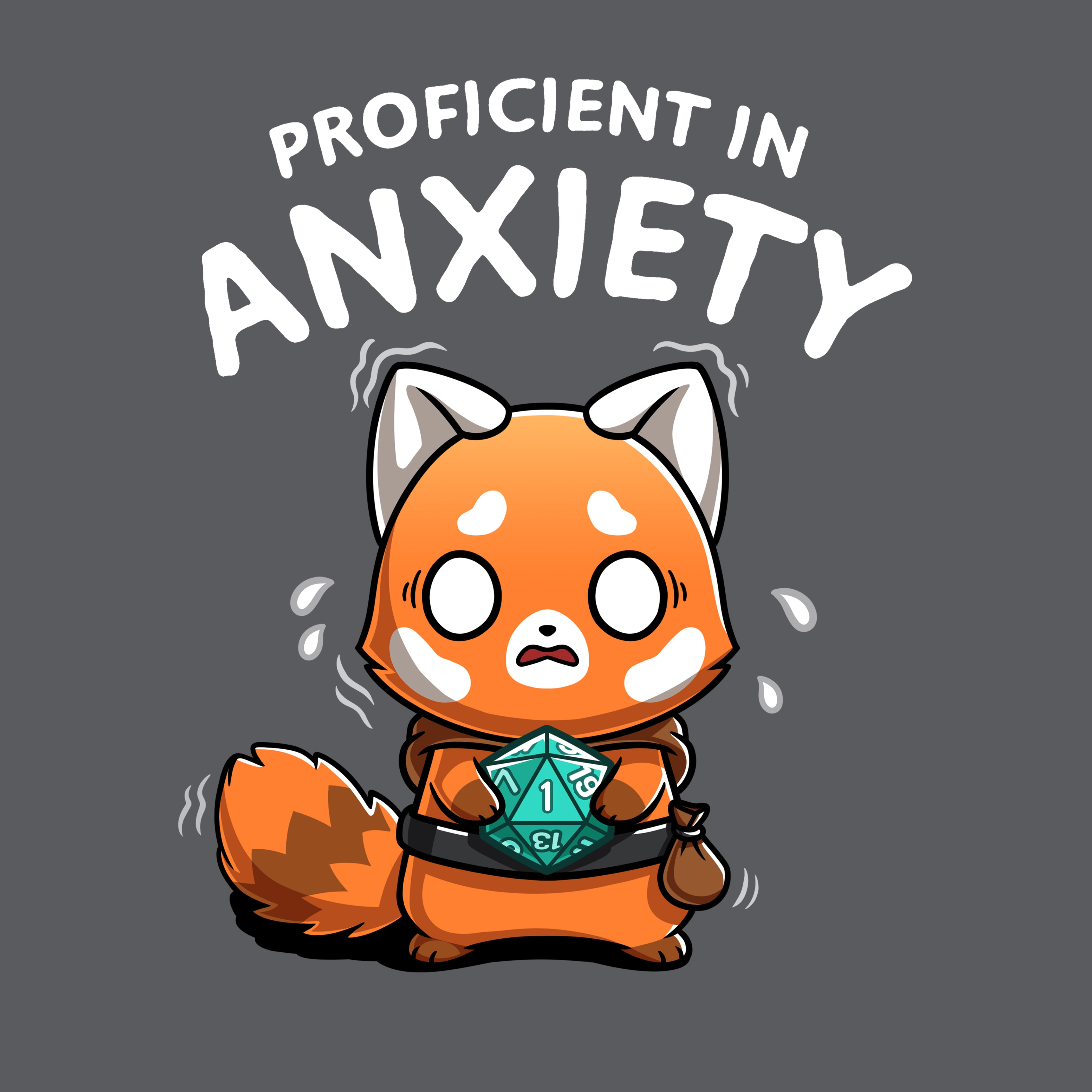 Premium Cotton T-shirt_TeeTurtle charcoal gray Proficient in Anxiety apparel featuring an anxious red panda adventurer holding a D20 that’s roll