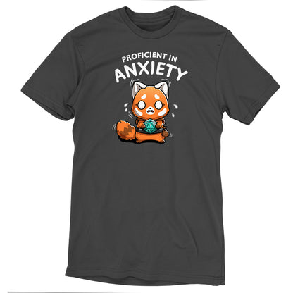 Premium Cotton T-shirt_TeeTurtle charcoal gray Proficient in Anxiety apparel featuring an anxious red panda adventurer holding a D20 that’s roll