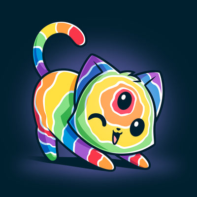 Premium Cotton T-shirt_TeeTurtle navy blue Psychedelic Cat apparel featuring a cat with a psychedelic fur pattern, and a third eye on its forehead winking as it stretches.
