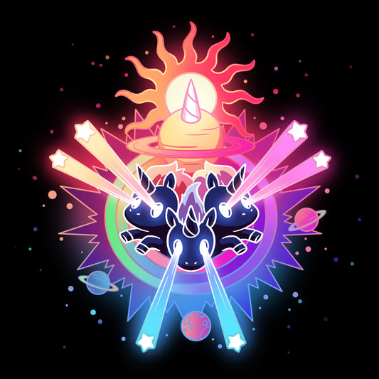 Premium Cotton T-shirt_TeeTurtle black Psychedelic Unicorns. Featuring unicorns shooting star-shaped lasers out of their eyes surrounded by psychedelic galactic elements.