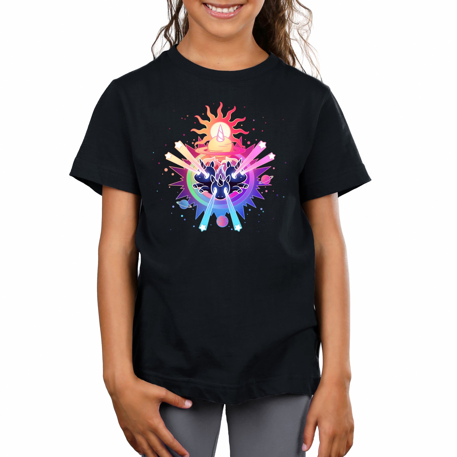 Premium Cotton T-shirt_TeeTurtle black Psychedelic Unicorns. Featuring unicorns shooting star-shaped lasers out of their eyes surrounded by psychedelic galactic elements.