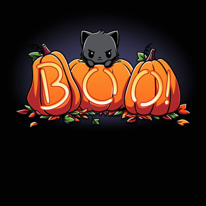 Illustration of a black cat sitting behind three pumpkins that spell "BOO!" with glowing letters, surrounded by scattered leaves. Perfect for the spooky season, this Pumpkin Kitty t-shirt by monsterdigital comes in super soft ringspun cotton.