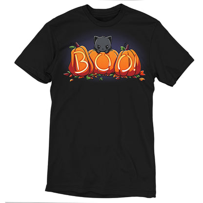 A super soft ringspun cotton black t-shirt featuring Pumpkin Kitty by monsterdigital: a black cat peeking out from behind three pumpkins spelling out "BOO." Perfect for the spooky season!