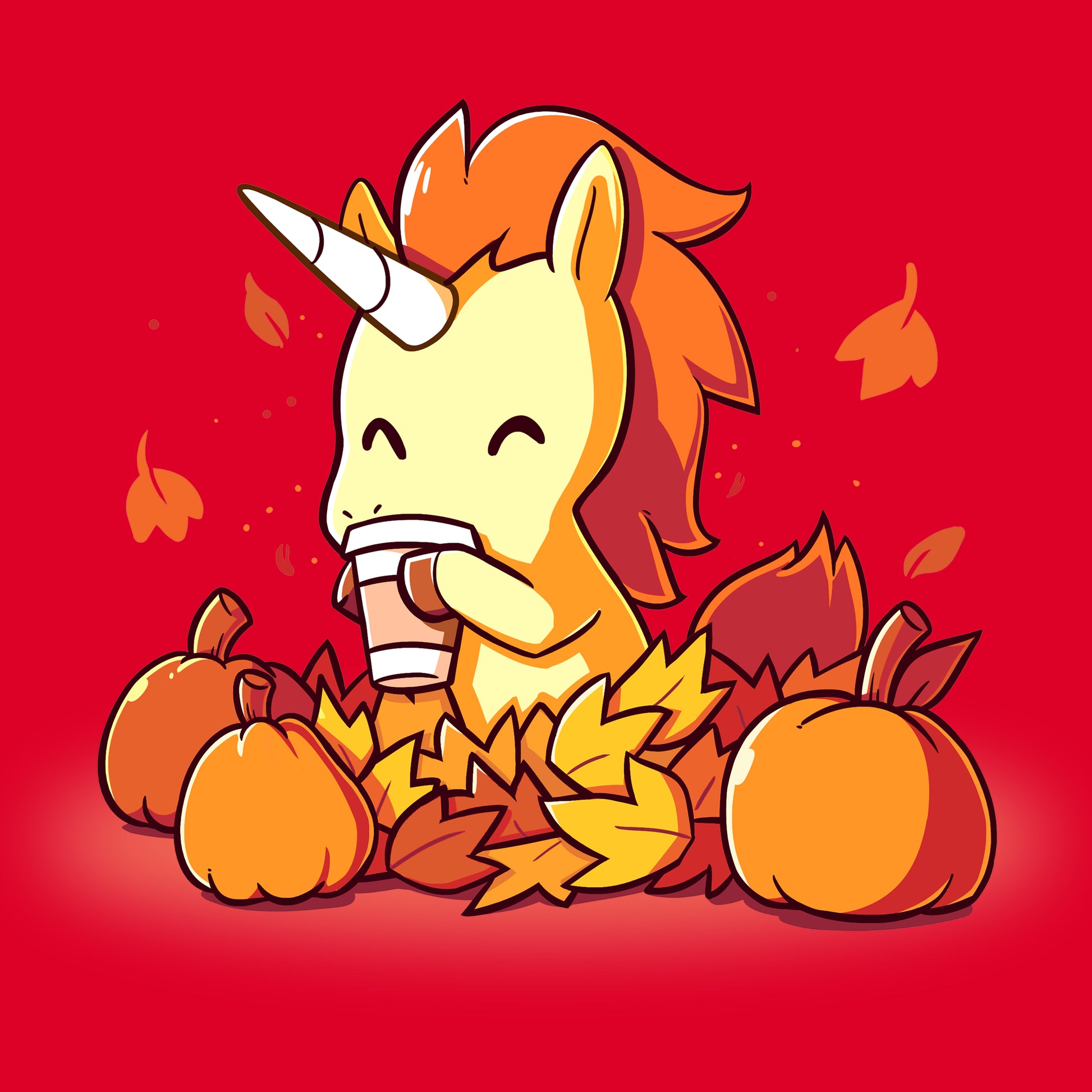 Premium Cotton T-shirt_TeeTurtle Pumpkin Spice Unicorn garnet red t-shirt featuring Pumpkin Spice Unicorn. Featuring a unicorn drinking pumpkin spice coffee surrounded by pumpkins and falling leaves.