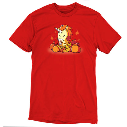 Premium Cotton T-shirt_TeeTurtle Pumpkin Spice Unicorn garnet red t-shirt featuring Pumpkin Spice Unicorn. Featuring a unicorn drinking pumpkin spice coffee surrounded by pumpkins and falling leaves.