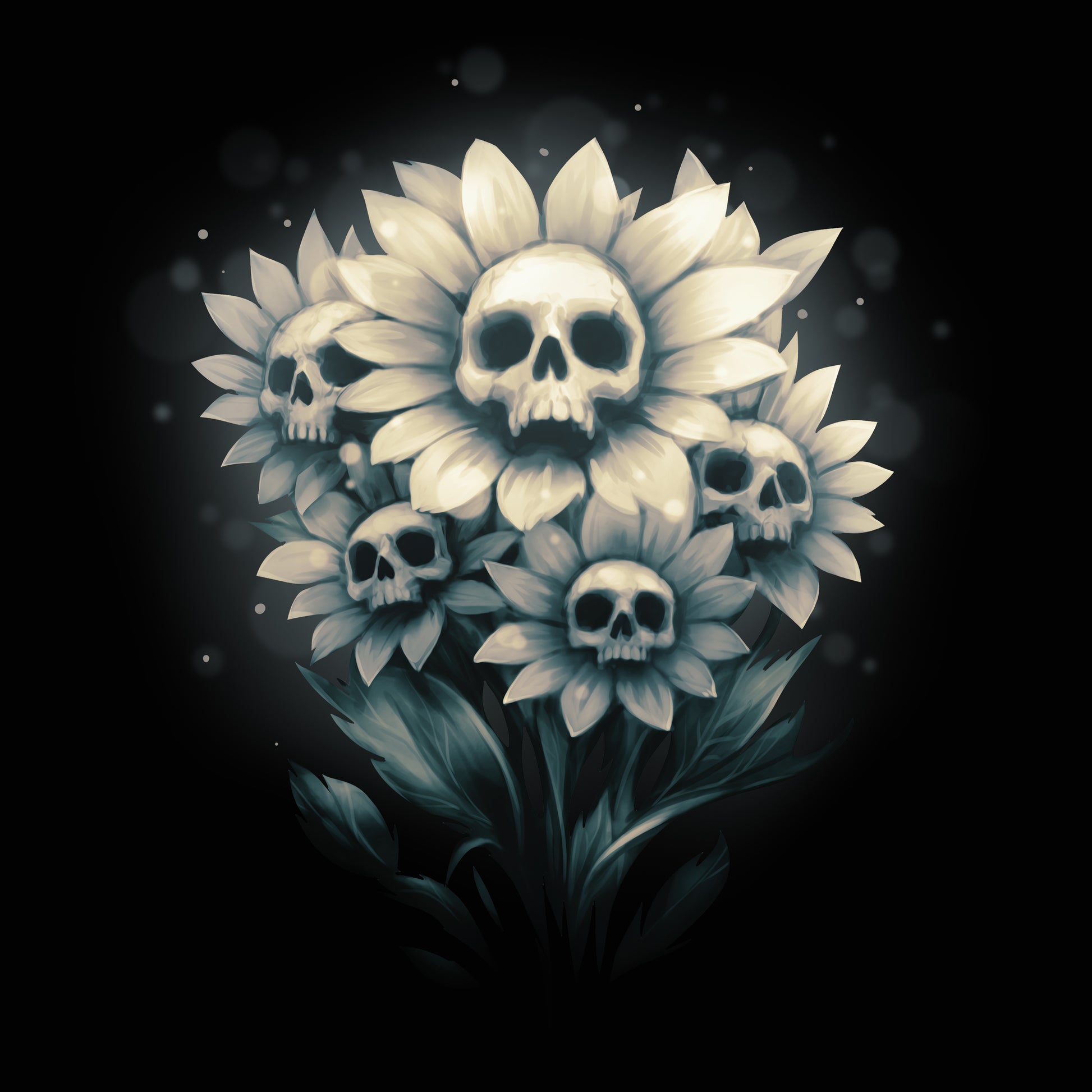 Premium Cotton T-shirt_TeeTurtle black Pushing Up Daisies featuring a bouquet of blooming daisies with skulls in the middle of each flower.