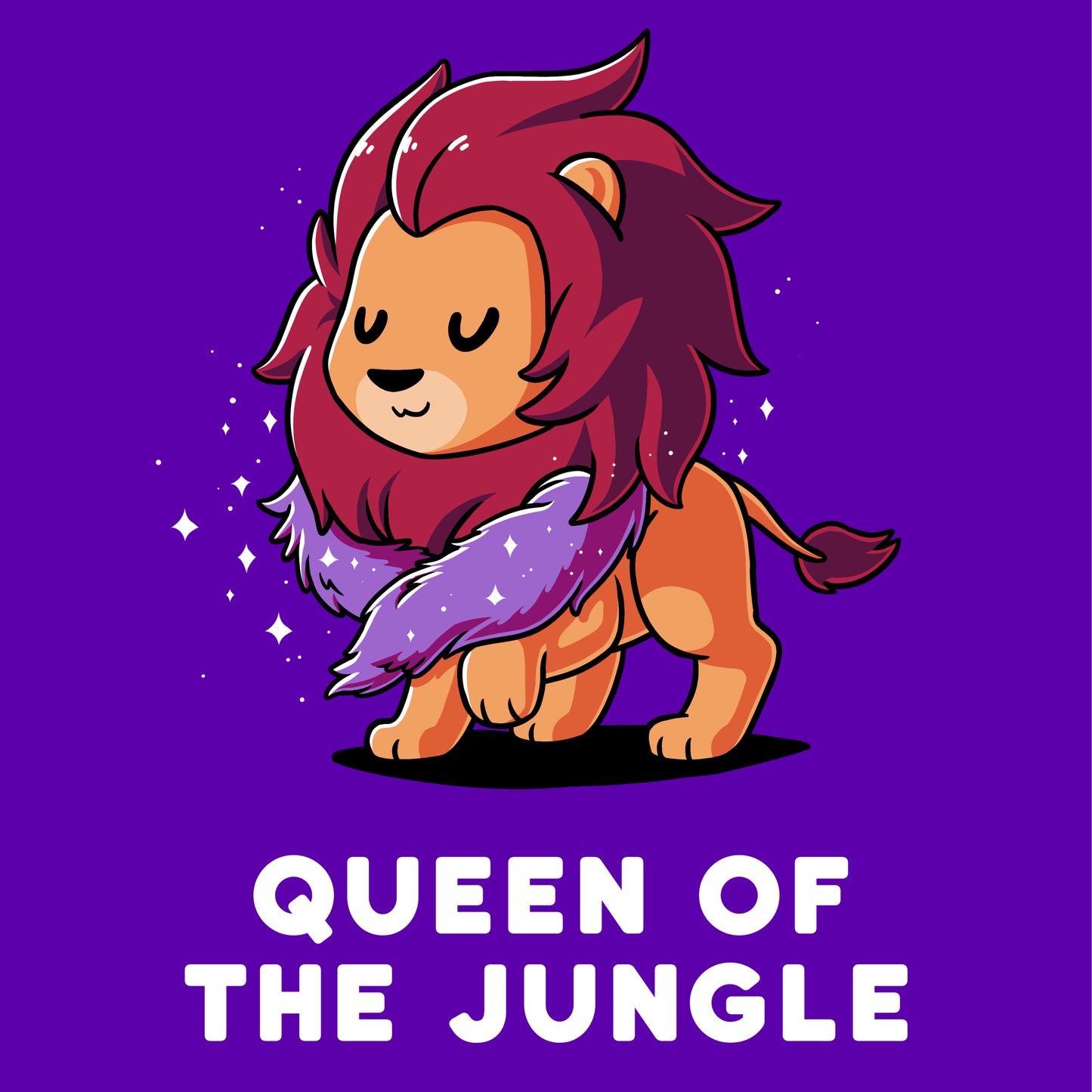 Premium Cotton T-shirt - Cartoon lion with a purple fur boa and closed eyes, accompanied by the text "Queen of the Jungle" on a purple background. This unisex apparelfrom monsterdigital's Queen of the Jungle collection is crafted from super soft ringspun cotton.