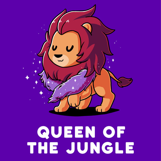 Cartoon lion with a purple fur boa and closed eyes, accompanied by the text 