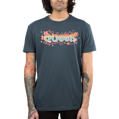 Premium Cotton T-shirt_TeeTurtle Queer denim blue t-shirt featuring an artistic "queer" word filled with rainbows and surrounded by flowers, vines, and mushrooms.