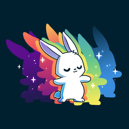A white cartoon bunny stands with arms outstretched in front of multicolored shadow silhouettes, with small sparkles around it, against a dark background on this super soft ringspun cotton Queer Vibes Only T-shirt by monsterdigital.
