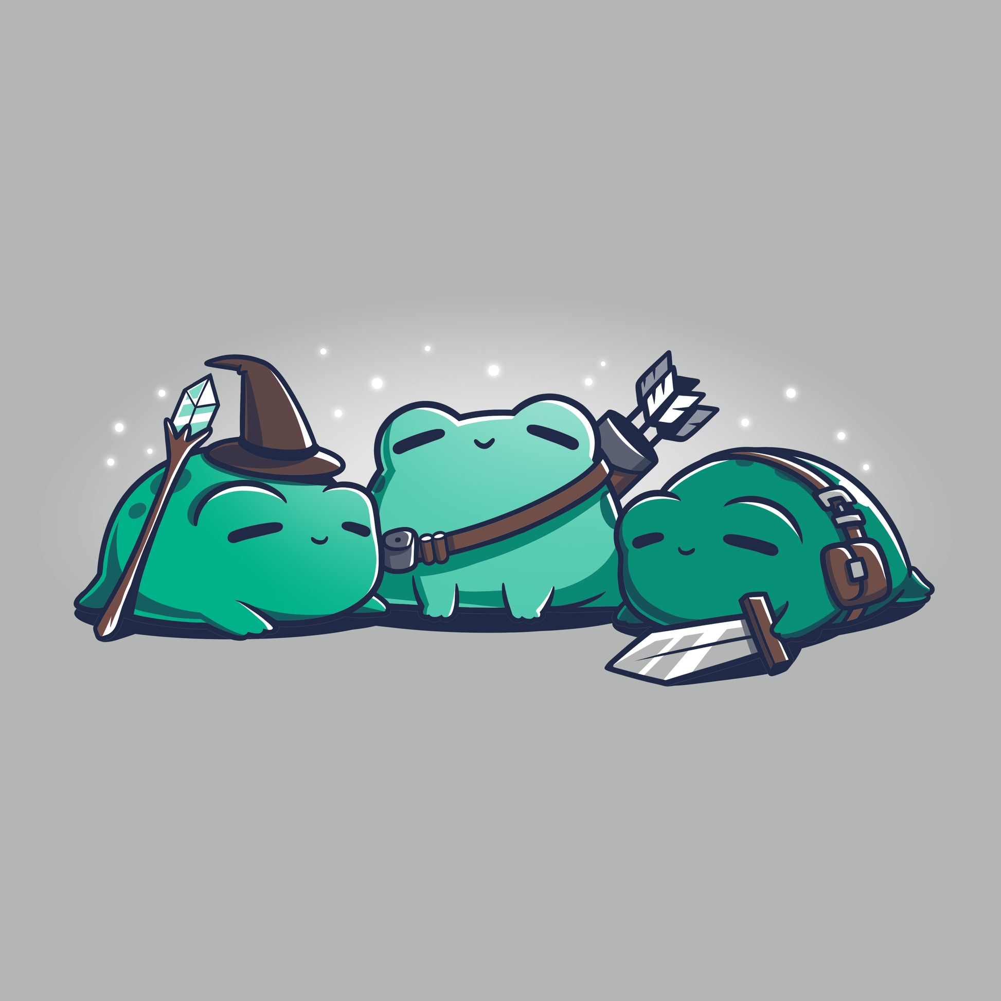 Three cartoon green frogs, each dressed as different fantasy characters: a wizard with a staff, a warrior with a bow and quiver, and a knight with a sword and helmet, on a grey background. Perfect design for monsterdigital RPG Frogs Kids T-Shirts to spark their imagination!