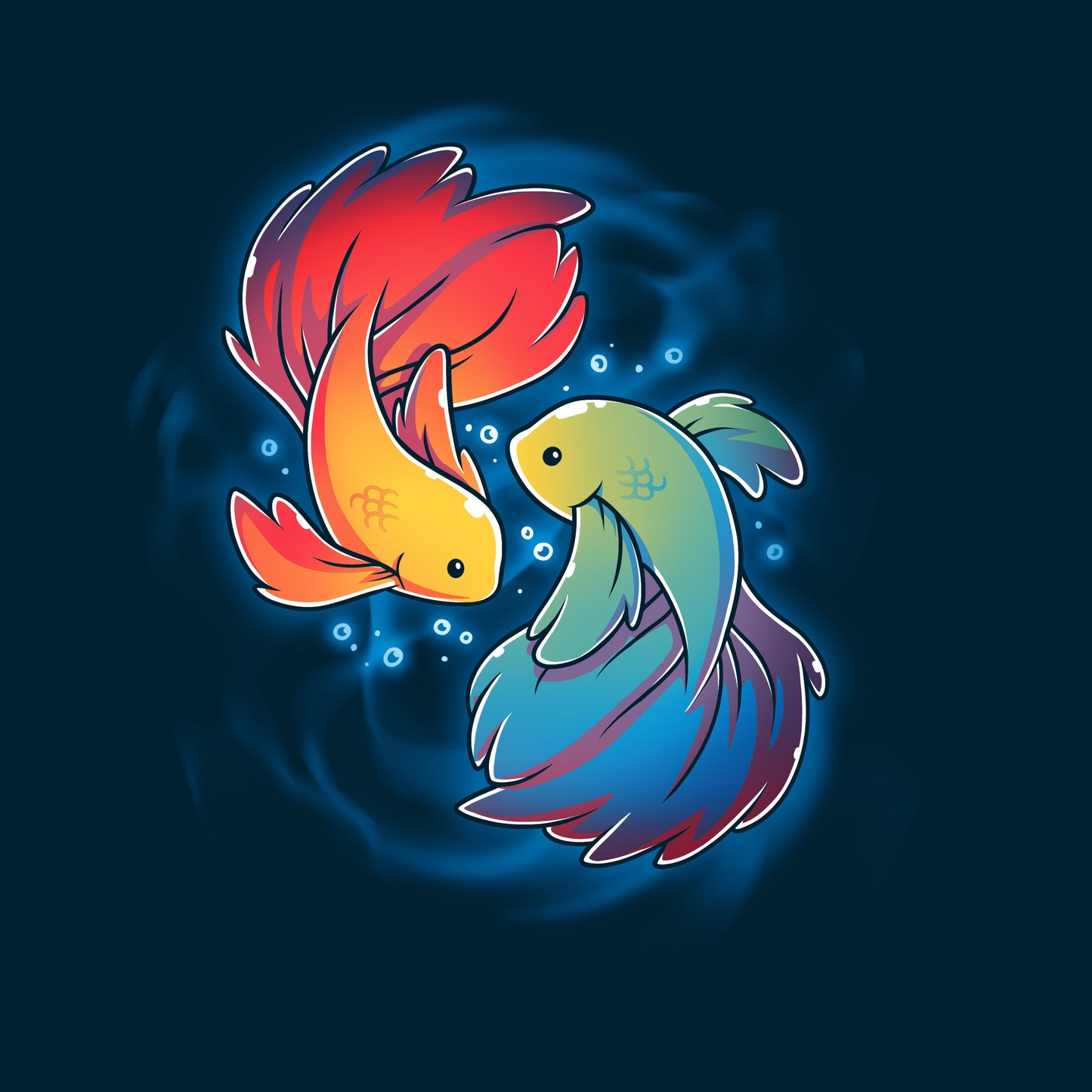 Illustration of two colorful Rainbow Betta fish swimming in a circular pattern on a navy blue t-shirt. One fish is red and yellow, the other is green and blue. Small bubbles surround them. This product is called "Rainbow Betta," created by monsterdigital.