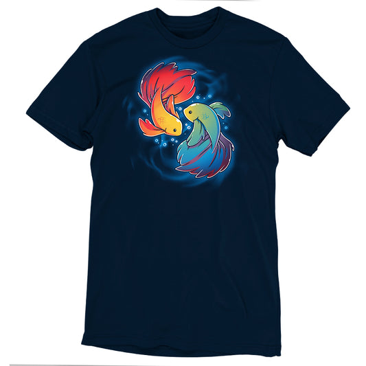 Navy blue t-shirt crafted from Super Soft Ringspun Cotton, featuring a design of two colorful fish, one red and one blue-green, swimming in a circular motion. Inspired by the vibrant hues of Rainbow Betta fish. Product Name: Rainbow Betta Monsterdigital