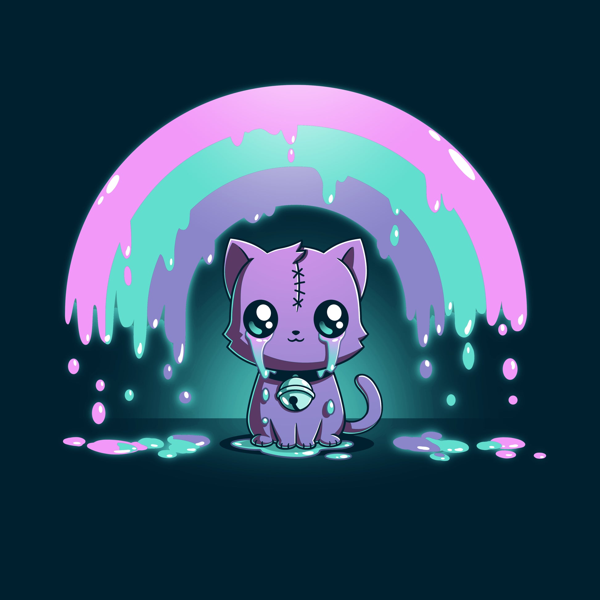 Illustration of a cute purple cat with large eyes and a stitched forehead, sitting under a dripping pink and green rainbow on a dark background. Perfect for a kawaii tee, this Rainbow Crying Cat design by monsterdigital brings whimsical charm to any unisex t-shirt made from super soft cotton.