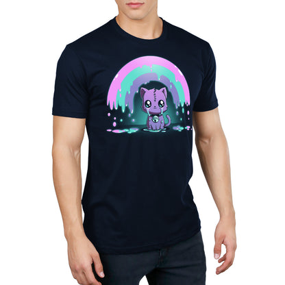 A person is wearing a black, super soft cotton T-shirt featuring a colorful cartoon kitten with big eyes and a melting rainbow backdrop. This Rainbow Crying Cat by monsterdigital is perfect for anyone looking to add a touch of fun to their wardrobe, and it's a unisex design that suits everyone.