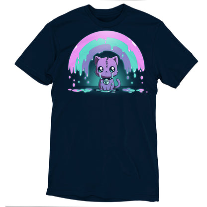 A navy blue kawaii tee featuring a cute, purple cartoon cat with a stitched forehead and green-blue eyes. The cat is sitting under a dripping green and purple rainbow. Made from super soft cotton, the Rainbow Crying Cat by monsterdigital ensures comfort while showcasing your playful style.