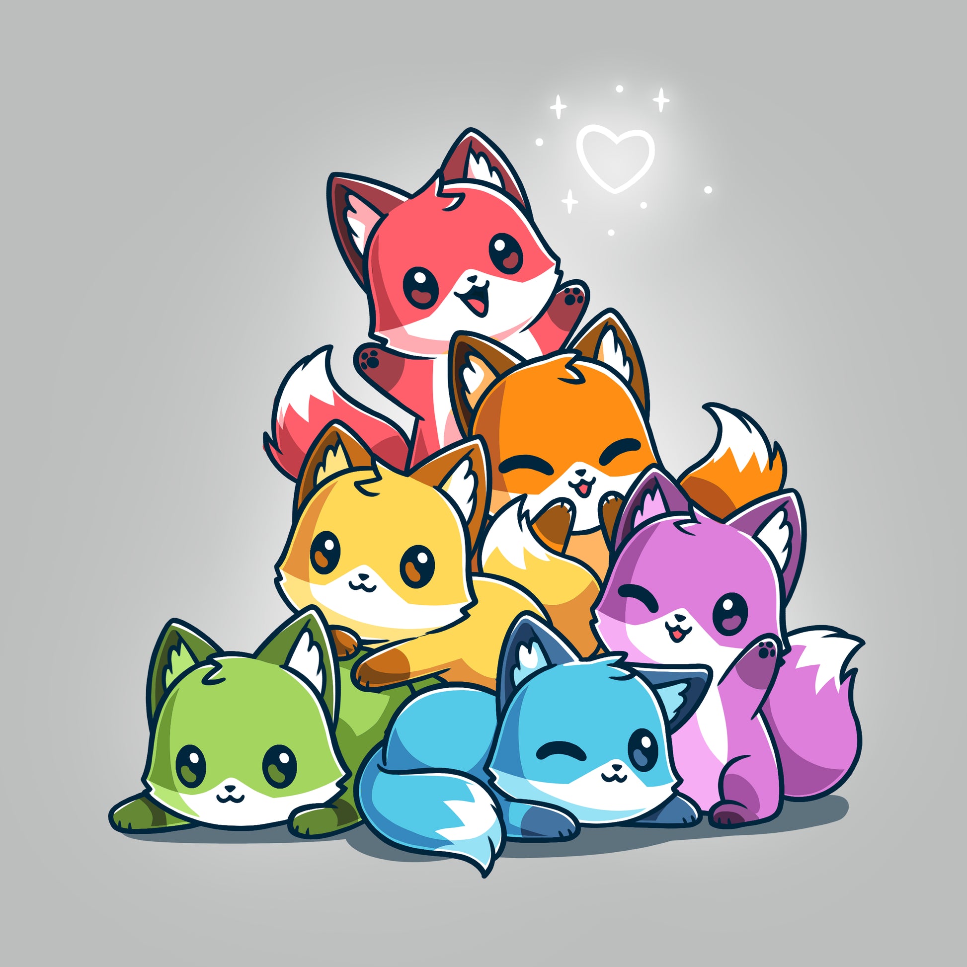 Illustration of six colorful cartoon foxes in various poses, arranged in a playful pyramid formation with a glowing heart shape above them. Background is a plain grey. This design is featured on the "Rainbow Foxes" super soft ringspun cotton T-shirt by monsterdigital, with a unisex fit, perfect for anyone who loves colorful foxes tees.