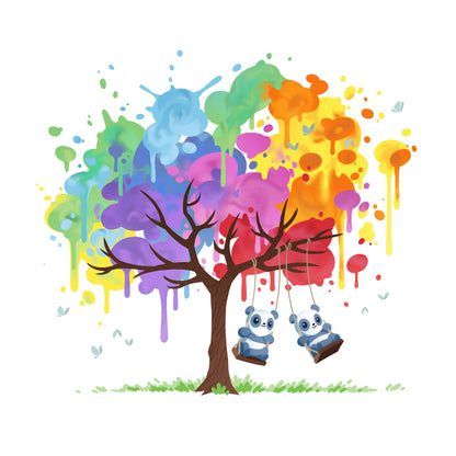 Two pandas are swinging on a tree with multicolored paint splatters as leaves, creating a vibrant and whimsical scene against a white background. This charming design is perfect for a Women's T-shirt or Men's T-shirt from monsterdigital, adding a playful touch to your wardrobe with the Rainbow Panda Pals.