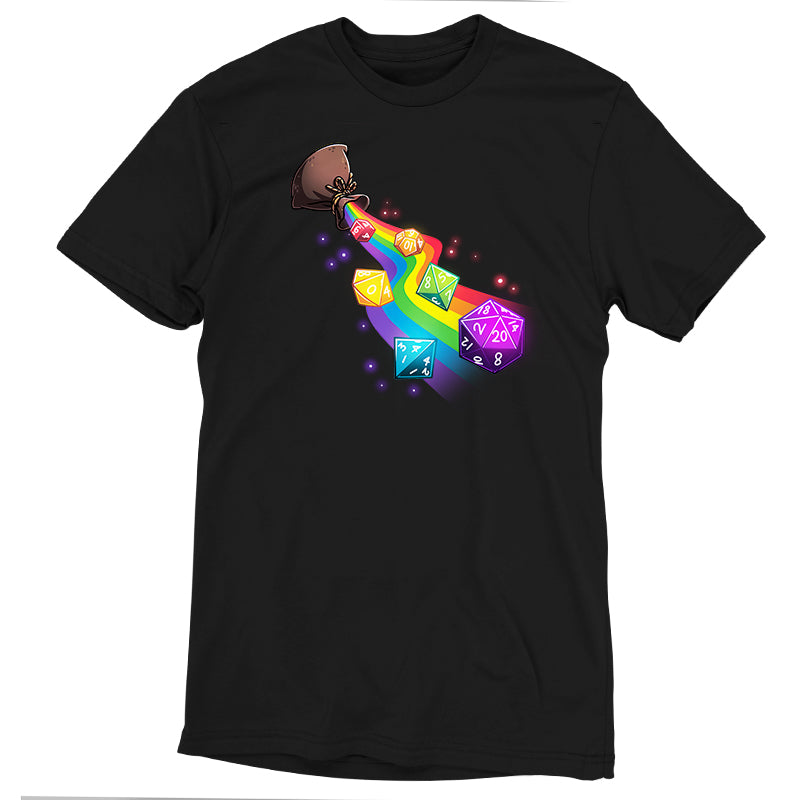 TeeTurtle black Rainbow Dice Roll Premium Cotton T-shirt. Featuring a rainbow-colored dice set spilling out of a pouch on a rainbow path.