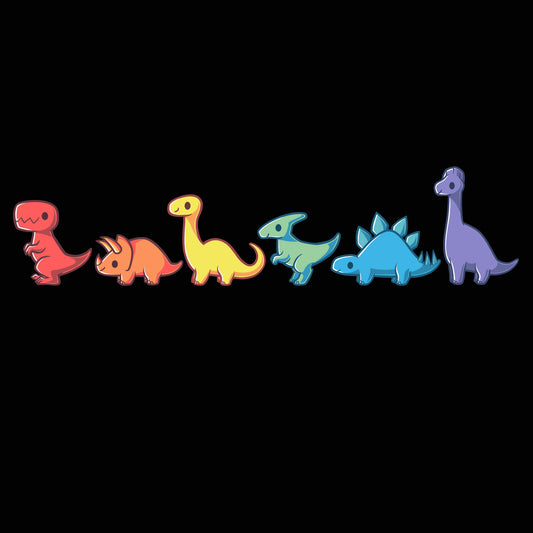 Illustration of six colorful cartoon dinosaurs in a row, each a different color and species, from left to right: red, orange, yellow, green, blue, and purple on a black 100% super soft ringspun cotton unisex tee. This Rainbow Dinos T-shirt by monsterdigital is the perfect blend of fun and comfort.
