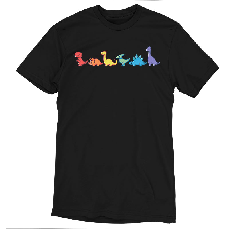 Black 100% Super Soft Ringspun Cotton unisex tee featuring a horizontal row of colorful dinosaur illustrations in red, orange, yellow, green, blue, and purple. This Rainbow Dinos T-shirt by monsterdigital is perfect for any casual occasion.