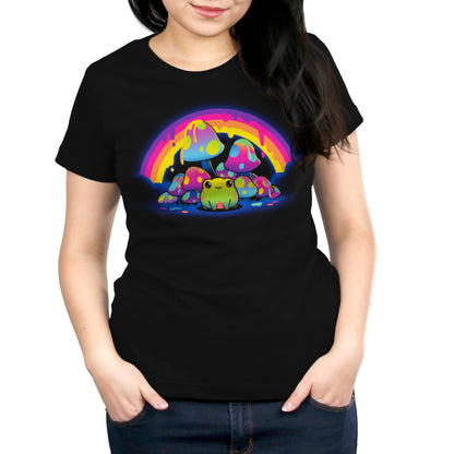 Premium Cotton T-shirt_TeeTurtle Rainbow Drip black t-shirt featuring a smiling frog sitting among colorful, spotted mushrooms with a dripping rainbow arching overhead.