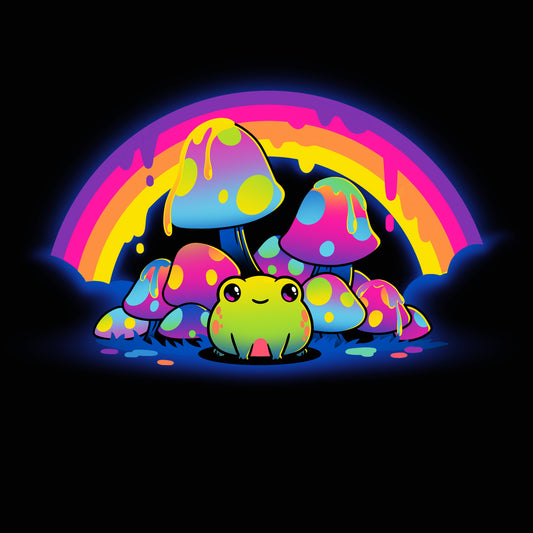 A smiling cartoon frog sits among colorful, spotted mushrooms with a dripping rainbow arching overhead on a black T-shirt made of super soft ringspun cotton, named Rainbow Drip by monsterdigital.