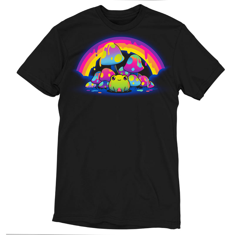 Premium Cotton T-shirt_TeeTurtle Rainbow Drip black t-shirt featuring a smiling frog sitting among colorful, spotted mushrooms with a dripping rainbow arching overhead.