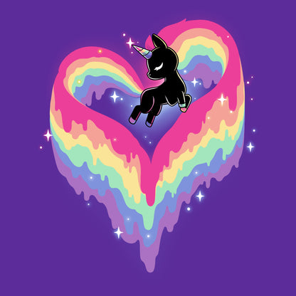A monsterdigital Rainbow Paint Unicorn with a broken horn is positioned in the center of a multicolored, melting heart on this purple T-shirt, with stars scattered around. Made from super soft ringspun cotton for ultimate comfort.
