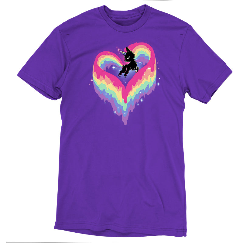 Super soft ringspun cotton Purple T-shirt featuring a black unicorn surrounded by a heart-shaped rainbow with stars in the background, Rainbow Paint Unicorn by monsterdigital.