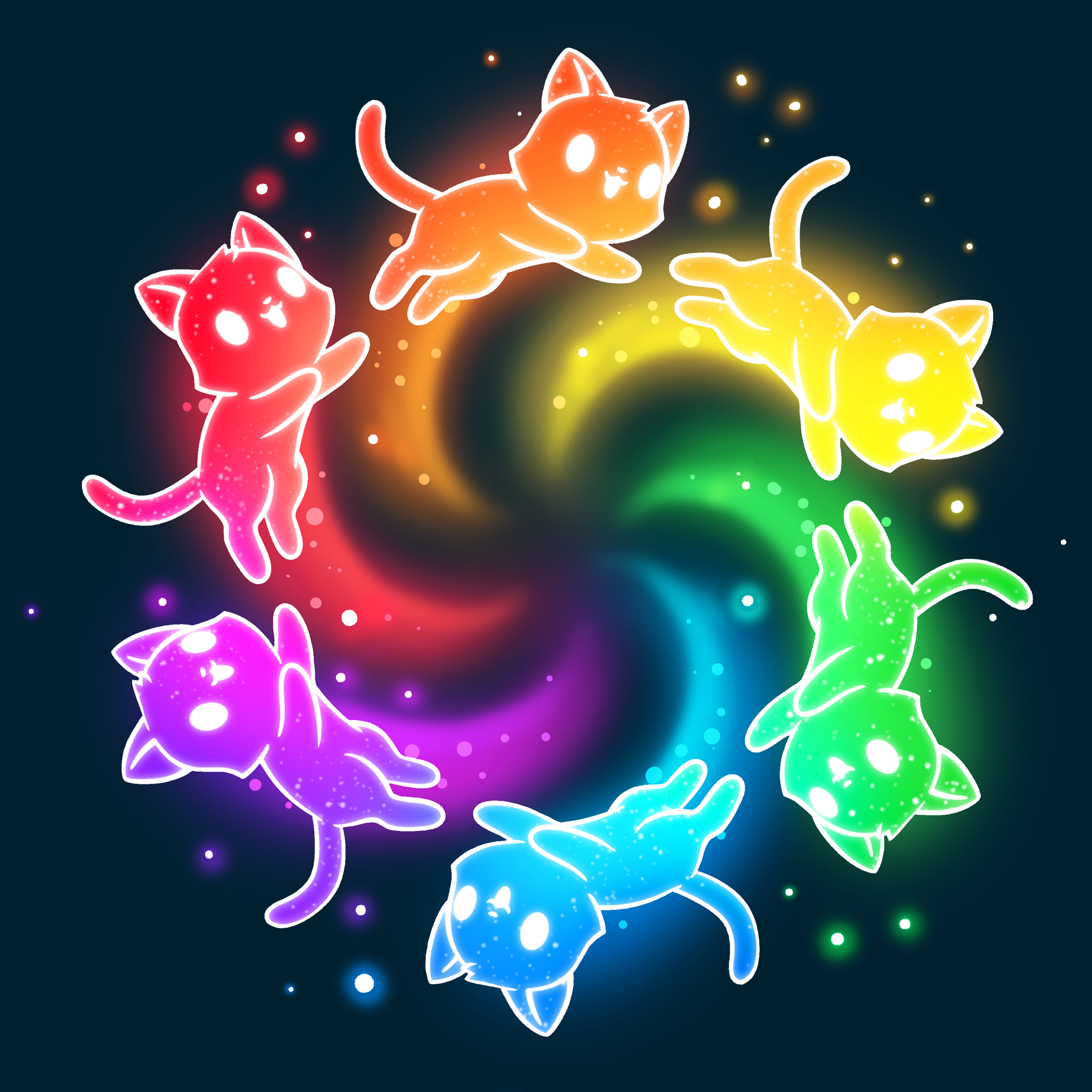 Premium Cotton T-shirt_TeeTurtle navy blue Rainbow Space Cats apparel featuring rainbow cats running in a circle trailing sparkles.