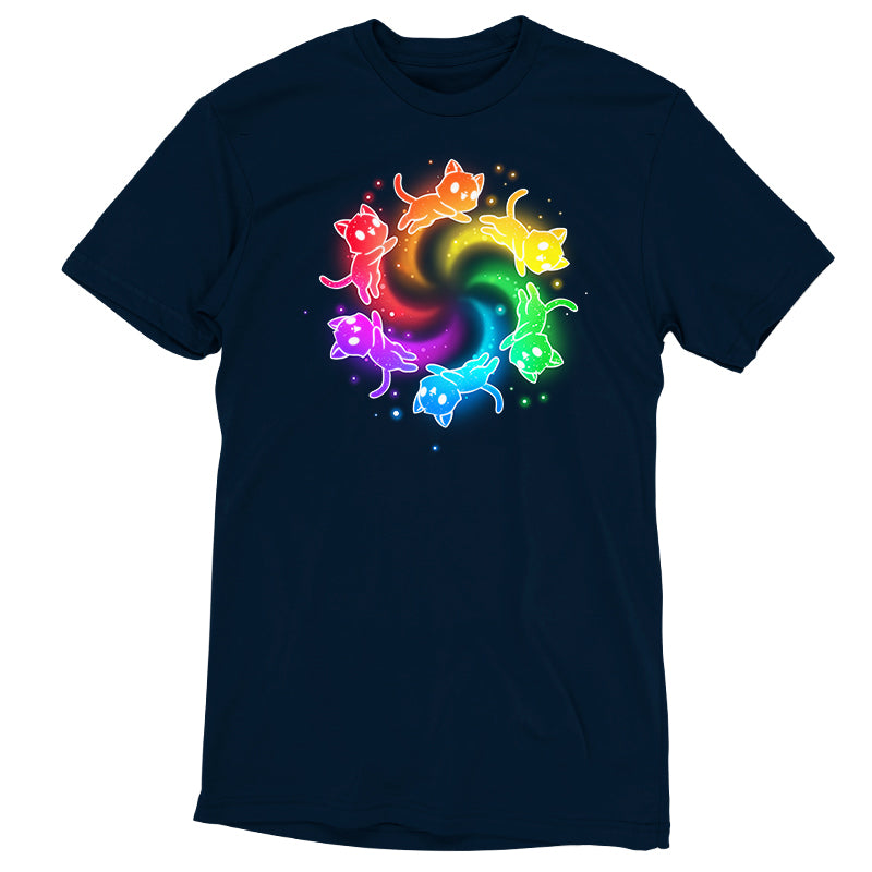 Premium Cotton T-shirt_TeeTurtle navy blue Rainbow Space Cats apparel featuring rainbow cats running in a circle trailing sparkles.