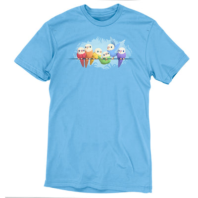 Premium Cotton T-shirt_TeeTurtle light blue Rainbow Parakeets apparel featuring a flock of parakeets on a brand in different colors of the rainbow.