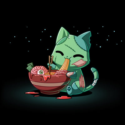 Premium Cotton T-shirt_TeeTurtle black Ramen Zombie Cat apparel featuring a green zombie cat eating a bowl of ramen noodles with a brain and eyeball in it.