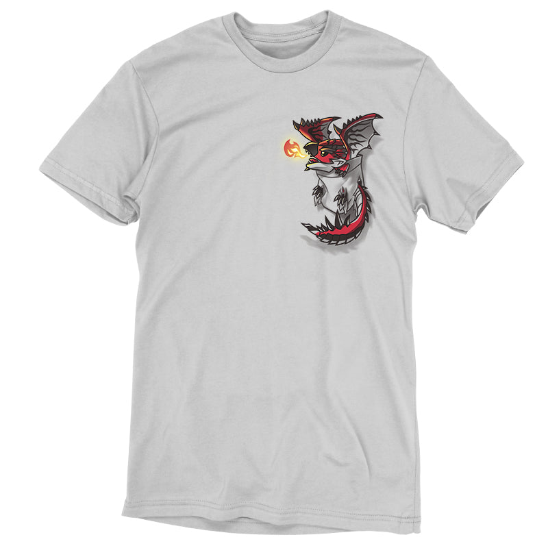 Premium Cotton T-shirt_TeeTurtle silver gray Rathalos in Your Pocket apparel featuring Rathalos from Monster Hunter curled up in a pocket on the top righthand chest area.