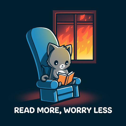 A cartoon cat sits in a chair reading a book with flames visible through a nearby window. Text below reads, 