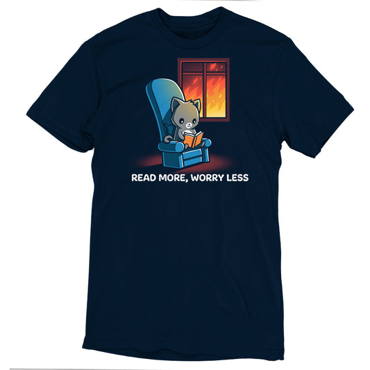 Navy blue t-shirt featuring a graphic of a cat reading a book in a chair, with a window showing a fire outside and the text 